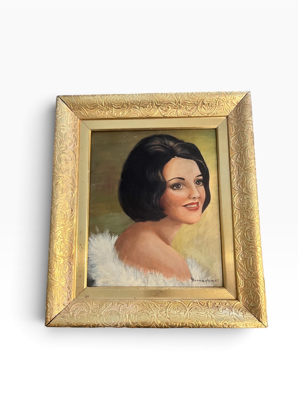 Vintage 1967 Portrait Signed Brunette Lady Woman 60s Iconic 14” X 15” Framed